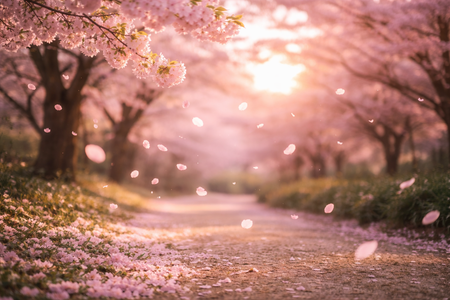 Cherry blossom petals falling on a path during golden hour